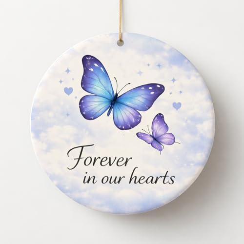 Memorial Ornament – Sympathy Ceramic Keepsake for Loved One, Bereavement Gift, in Loving Memory Decoration, Round Hanging Ornament (Butterfly - Forever in Our Hearts) - color: Butterfly - Forever in Our Hearts