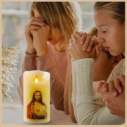 LED Prayer Flameless Candles with Remote Timer, Battery Powered Candle, Religious Candle 6" x 3.2" （Jesus Red ） - style: Jesus Christ Sacred Heart(RED）