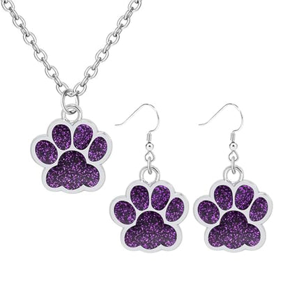 Dreuyet Paw Necklace and Earrings Set for Women Glitter Cute Dog Cat Pet Paw Print Pendant Necklace Earrings Lovely Animal Charm Jewelry Set Gifts - color: Silver Purple