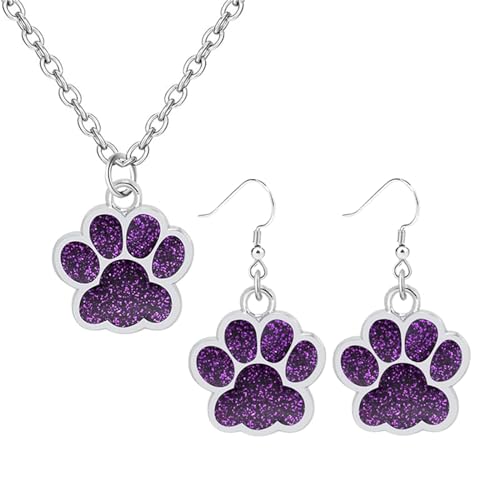 Dreuyet Paw Necklace and Earrings Set for Women Glitter Cute Dog Cat Pet Paw Print Pendant Necklace Earrings Lovely Animal Charm Jewelry Set Gifts - color: Silver Purple