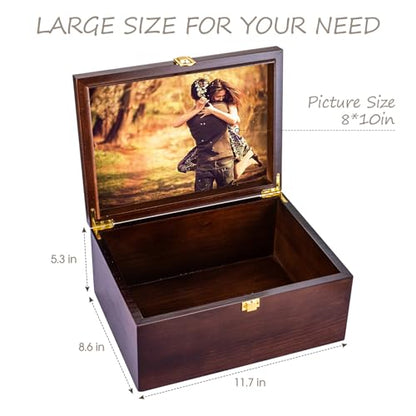 Larger Wooden Wedding Memory Keepsake Boxes With Hinged Lids and a photo frame inside the lid Bridal Shower Gifts - Engagement Gifts for Couples Newlyweds Mr Mrs Couple Bride Gift - 5.3“*8.6”*11.7“ - color: Brown
