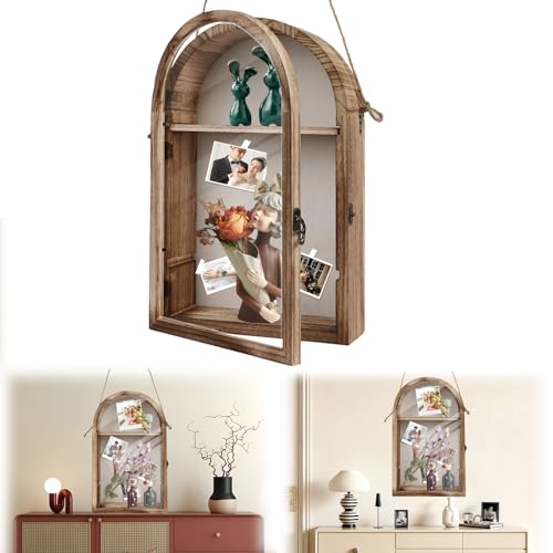 Large Shadow Box Frame with Storage Drawer - Deep Wood Memory Box Display Case with Hinged Door & Linen Back, Rustic Wedding Gifts for Bouquet, Medals, Photos & Pet Memorial Keepsakes (Brown)