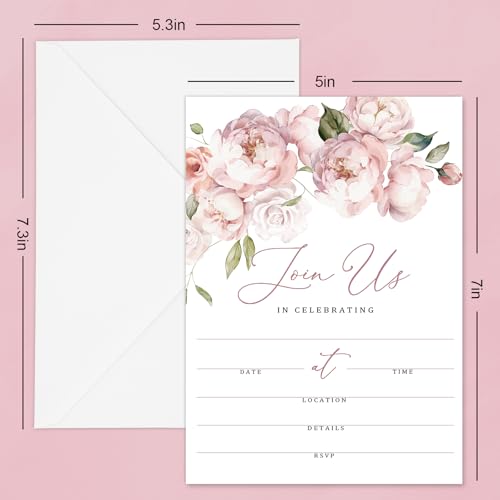 Whaline 25 Packs Floral Invitations with Envelopes and Stickers Pink Flower Invitation Cards Watercolor Rose Blank Party Invites for Wedding Birthday Bridal Shower, 5 x 7 Inch - style: Florals