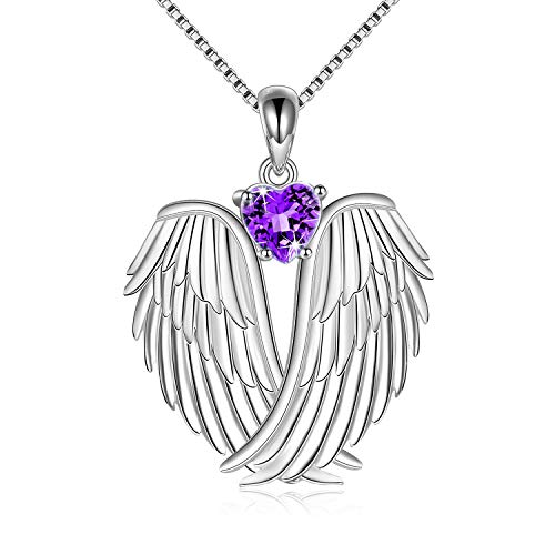 YFN Angel Wings Necklace 925 Sterling Silver Guardian Angel Wings Pendant Necklace Birthstone Necklace for Women Girls Christmas Jewelry Gifts - color: February-Purple