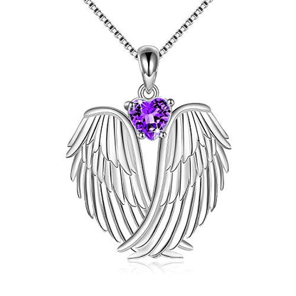 YFN Angel Wings Necklace 925 Sterling Silver Guardian Angel Wings Pendant Necklace Birthstone Necklace for Women Girls Christmas Jewelry Gifts - color: February-Purple