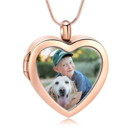 zeqingjw Glass Cremation Jewelry - Round Heart Memorial Urn Necklace for Ashes of Loved One - Stainless Steel Human Pet Dog Cat Keepsake Urn Pendant - color: A-Rose Gold