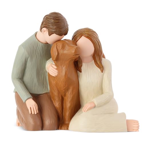 Hensonever Couple with Dog Figurines Ornaments, We are A Family Memorials Statues Gifts for Dog Lovers - color: Family of Three