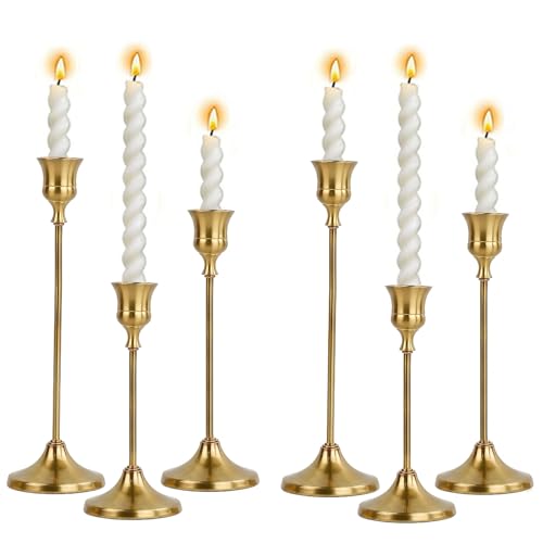 2 Sets Candle Holder Brass Metal Candlestick Holders -Vintage Modern Metal Taper Candle Holders, Decorative Centerpiece for Table Mantel, Wedding Kitchen Home Decor, Wedding Gift,6Pcs - color: Brass, size: 6Pcs