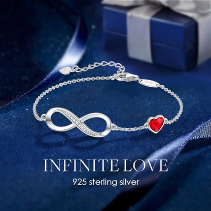 CDE 925 Sterling Silver Infinity Birthstone Bracelet Jewelry Gift for Women | Hypoallergenic,Non Tarnish,Heart CZ,Nickel-Free & Lead-Free,Anniversary Christmas Birthday Idea Gifts for Wife Girlfriend Her - color: Crystal-Red
