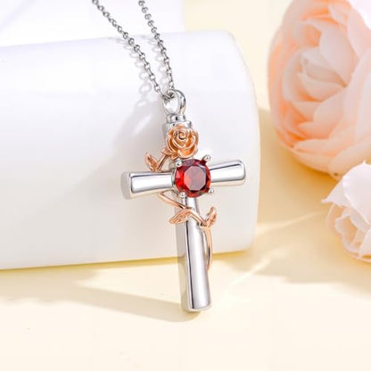 YYB Rose Flower Urn Necklaces Cross Birthstone Cremation Jewelry for Ashes Memorial Keepsake Funeral Pendant for Women - color: 07-Jul-Ruby
