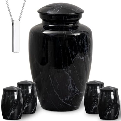 Black Marble Finish Cremation Urn Set for Human Ashes Adult | 6 Piece Funeral Memorial Urns Include 1 Large Urn, 4 Small Sharing Urns & 1 Ashes Necklace for Dad Mom Grandpa Grandma Family - size: Large,Set Black Marble