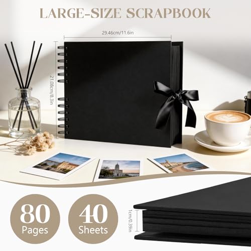INNOCHEER Photo Album - Self Adhesive 80 Black Pages, Large Scrapbook Wedding Guest Book for DIY Anniversary Travel Memory Scrapbooking (Black 8X12) - color: Black 8X12