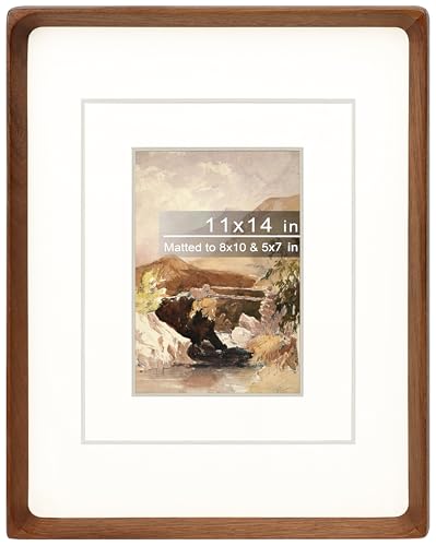 11x14 Picture Frame with Mat for 5x7/8x10, Natural Walnut Wood Handcrafted Rounded Corner with Real Glass, Vertical or Horizontal Display Photo Gallery Wall Mounting Frame - color: Walnut, size: 11x14 Matted to 5x7/8x10