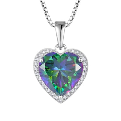 925 Sterling Silver Halo Heart Necklace for Women | Lwsary Love Heart Necklace, Heart Cut Birthstone Jewelry for Her - color: Rainbow