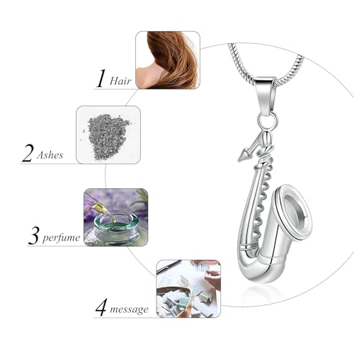 memorial jewelry Music Urn Saxophone Horn Chain Necklace Cremation Ash Keepsake Pendant - color: Silver