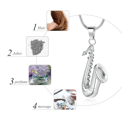 memorial jewelry Music Urn Saxophone Horn Chain Necklace Cremation Ash Keepsake Pendant - color: Silver