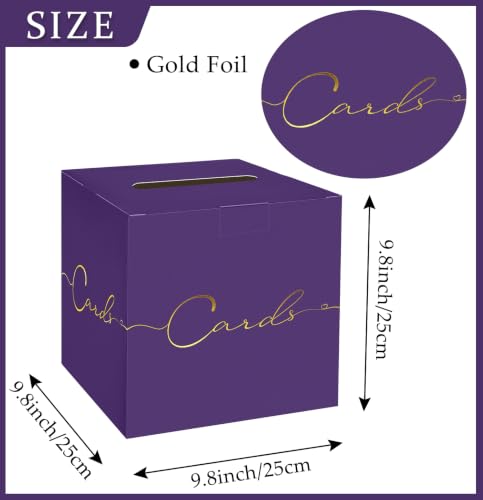HEIPINIUYE Purple Wedding Card Box with Gold Foil 9.8" x 9.8" Purple Large Gift Card Box for Party Wedding Reception Graduation Birthday Baby Shower Cardboard Raffle Envelope Box with Slot - color: Purple Card Box with Gold Foil