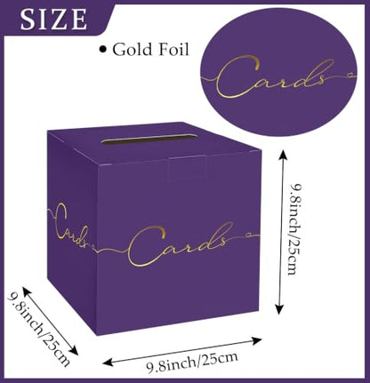 HEIPINIUYE Purple Wedding Card Box with Gold Foil 9.8" x 9.8" Purple Large Gift Card Box for Party Wedding Reception Graduation Birthday Baby Shower Cardboard Raffle Envelope Box with Slot - color: Purple Card Box with Gold Foil