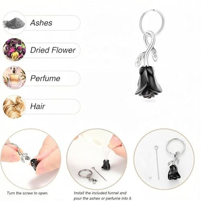 zeqingjw Urn Keychain Cremation Jewelry for Ashes Rose Flower Memorial Keychain Funeral Keepsake Ashes Pendant Gift - color: Black