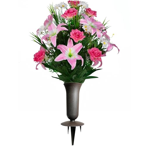 Sympathy Silks Artificial Cemetery Flowers - Gravesite Flowers - Pink Lily and Rose with White Daisies (1) Cemetery Vase Included - color: Pink, size: Bouquet with Vase