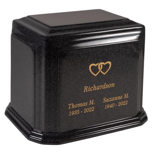 Custom Engraved Arch Cultured Marble Urn for Two - Blackstone - Companion Sized Cremation Urns for Human Ashes - Black - Ground Burial, Home Memorial and Funeral Cremation Urn - color: Blackstone