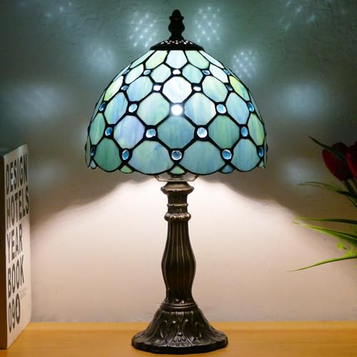 Small Tiffany Table Lamp Sea Blue Pearl Style W8H14.5 Inch | Mini Stained Glass Lamp Resin Base Bedside Accent Lamp Memory Sympathy Desk Light - color: Blue