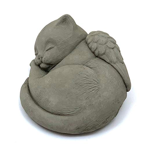 Sleeping Cat with Wings: Durable Solid Stone Pet Memorial Statue. Unique Home Décor, Garden Accent. Sealed for Outdoors. Handcrafted USA. (Antique/Grayish)