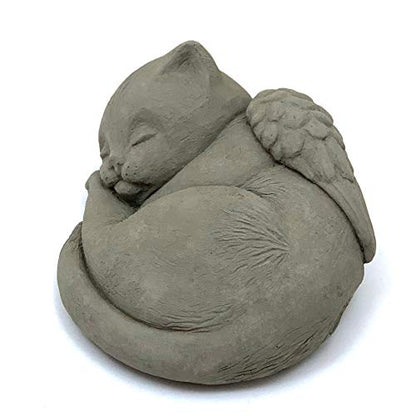 Sleeping Cat with Wings: Durable Solid Stone Pet Memorial Statue. Unique Home Décor, Garden Accent. Sealed for Outdoors. Handcrafted USA. (Antique/Grayish)