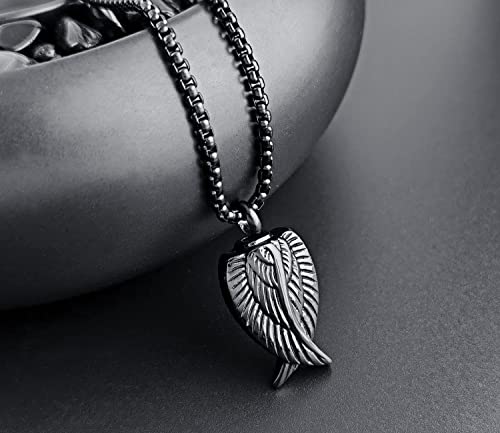 YOUFENG Fishing Hook Urn Necklace for Ashes Stainless Steel Cremation Jewelry Always in My Heart Ashes Necklaces Memorial Keepsake for Men - color: Black Angel-Wing