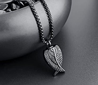 YOUFENG Fishing Hook Urn Necklace for Ashes Stainless Steel Cremation Jewelry Always in My Heart Ashes Necklaces Memorial Keepsake for Men - color: Black Angel-Wing