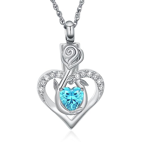 Roseflower Cremation Jewelry Heart Urn Necklace for Ashes for Women Gilrs Memorial Keepsake Birthstone Pendant Necklaces for Ashes of Loved Ones - color: Silver-blue