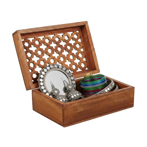 Trellis Mango Wood Storage Box - Medium Polish, 7.5 in | Handcrafted wooden keepsake box with functional lid setup, providing compact storage for jewelry and home décor accents. - color: Medium Polish, size: Medium