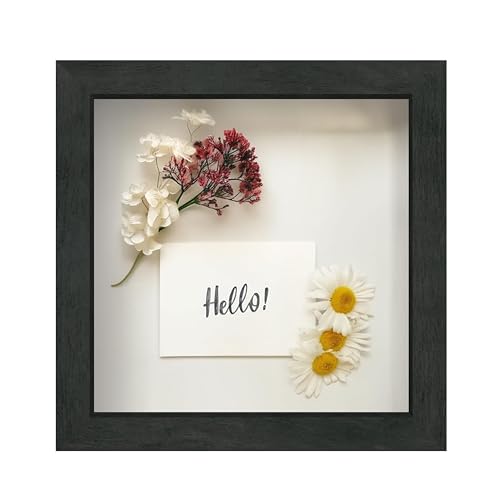 FrameWorks 8x8 Driftwood Wooden Shadow Box Frame – Soft Felt Back, Tempered Glass, and Included Elegant White Ball Push Pins - color: Black Driftwood, size: 8"x8"