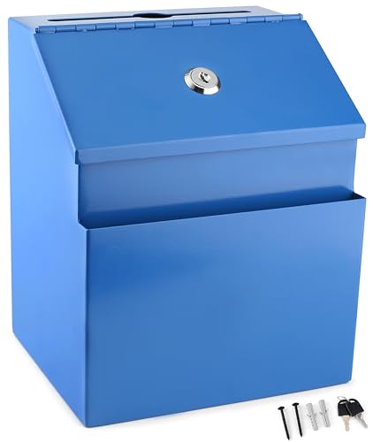 Suggestion Box with Lock and keys, Metal Wall Mounted Ballot Box, Iron steel Donation and Collection Drop Box 8.5" H x 6" W x 7" L with wide 5.5" Slot and front sheet holder (Blue) - color: Blue, size: Tabletop Box with Lock and Keys