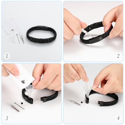 Cremation Jewelry Urn Bracelet for Ashes Men's Braided Genuine Leather Stainless Steel Memorial Cuff Bangle Braided Wristband Bracelet Keepsake Jewelry for Loved Ones with Fill Tool - color: A-Black 22cm