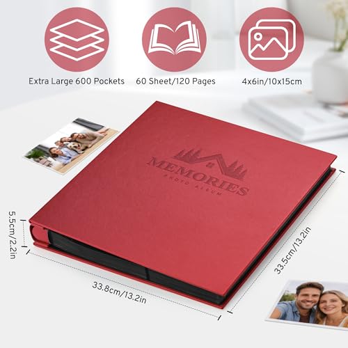 DazSpirit 4x6 Photo Album, 600 Pockets, Leather Cover, Slip-In Pages | Embossed Leather Cover, Extra-Large Memory Book for Wedding, Baby, Anniversary and Family Photos, Red - color: Red