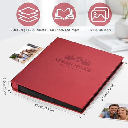 DazSpirit 4x6 Photo Album, 600 Pockets, Leather Cover, Slip-In Pages | Embossed Leather Cover, Extra-Large Memory Book for Wedding, Baby, Anniversary and Family Photos, Red - color: Red