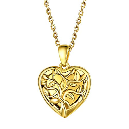 Bestyle Sterling Silver Heart Locket Necklace for Women, Dainty Cute Small Heart Locket Pendant in Gold/Rose Gold/Silver, Love Statement Jewelry Gift for Mother Wife - color: E1. Tree of Life-Gold-Locket Only, NO Custom
