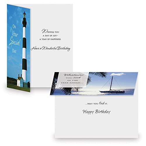 Current Waterside Happy Birthday Greeting Card Set - Value Pack of 20 Cards With White Envelopes, 10 Tropical Beach Lighthouse Designs, Large 5" x 7" Assortment - color: Waterside