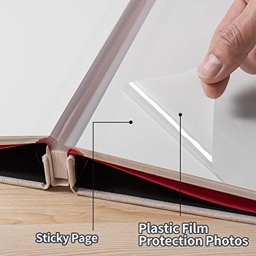 Large Photo Album Self Adhesive for 4x6 5x7 8x10 Pictures Magnetic Scrapbook Album 20 Sheets / 40 Pages Linen Cover DIY Photo Album with A Metallic Pen and and Plastic Board - color: Beige, size: 11"x10.8" 40 Pages