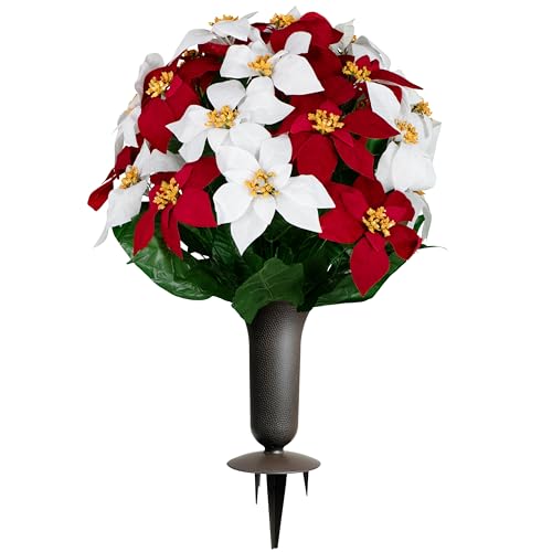 Sympathy Silks Artificial Cemetery Flowers - Gravesite Memorial Arrangment - Red & White Poinsettia - (1) Bouquet (1) Vase - color: Red & White, size: (1) Bouquet (1) Vase