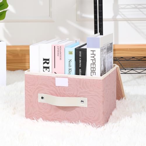 ANMINY Fabric Storage Box Bins with Lids, Rose Print, Pink, Small | Keepsake Memory Storage, Nonwoven Fabric, PP Board Frame, Washable, PU Handles, Foldable Stackable, Decorative, 10"x8"x7" - size: Small (Pack of 1)