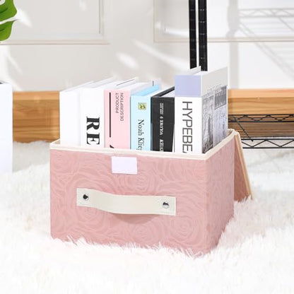 ANMINY Fabric Storage Box Bins with Lids, Rose Print, Pink, Small | Keepsake Memory Storage, Nonwoven Fabric, PP Board Frame, Washable, PU Handles, Foldable Stackable, Decorative, 10"x8"x7" - size: Small (Pack of 1)