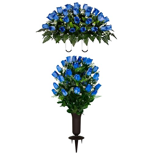 Sympathy Silks Artificial Cemetery Flowers - Gravesite Flowers - Blue Roses - (1) Headstone Flower Saddle & (1) Matching Bouquet (1) Cemetery Vase Included - color: Blue Roses, size: (1) Saddle (1) Bouquet (1) Vase
