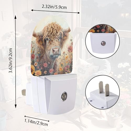 Highland Cow Wildflowers Night Light,Night Lights Plug into Wall with Dusk to Dawn Sensor,Lamp for Bedroom Bathroom Hallway Nightlight for Women Girls - color: Highland Cow Wildflowers