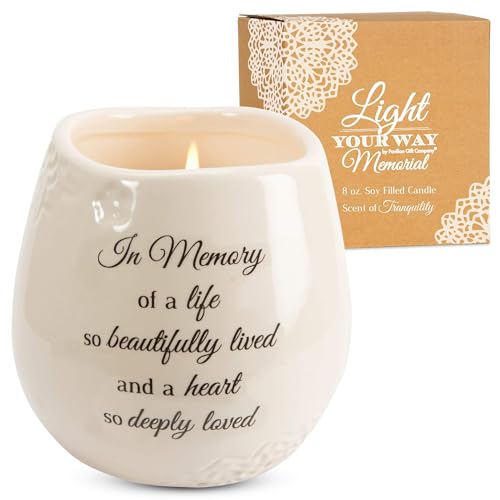 Pavilion 'In Memory, Beautifully Lived' 19178 - White Ceramic Candle with Soy Wax in a Delicate Floral Scent, Thoughtful Sympathy, Remembrance, and Condolence Gift - 8 Ounces - style: In Memory, Beautifully Lived