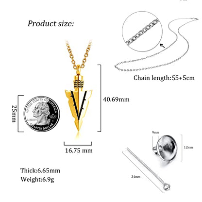 Spearpoint Arrowhead Urn Neckalce for Ashes Tribal Ash Holder Cremation Keepsakes Memorial Pendant Jewelry - color: Gold