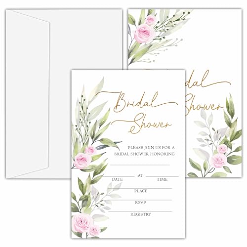 Bridal Shower Invitations, 25 Greenery Invites with Envelopes for Bridal Shower Wedding Reception Engagement Party, Floral Wedding Party Cards - A04 - style: Pink Floral 1