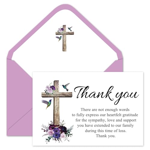 FYSUIMU 50Pcs Funeral Thank You Cards Boxed Purple Floral Cross Sympathy Thank You Cards with Sticker Envelope Bereavement Card for Memorial Service Loved Ones Celebration of Life - style: Purple Floral