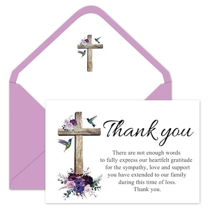 FYSUIMU 50Pcs Funeral Thank You Cards Boxed Purple Floral Cross Sympathy Thank You Cards with Sticker Envelope Bereavement Card for Memorial Service Loved Ones Celebration of Life - style: Purple Floral